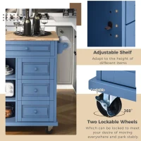 Rolling Kitchen Island Cart with 5 Drawers, Rubber Wood Top, Adjustable Shelves, Utility Island with Lockable Wheels, 53" L x 18" W x 36" H, Blue(m-6)
