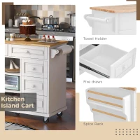 Mobile Kitchen Cart with 5 Drawers, Adjustable Shelves, Lockable Wheels, Rolling Cooking Island with Wooden Top, 53" L x 18" W x 36" H, White(m-5)