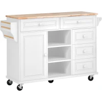 Mobile Kitchen Cart with 5 Drawers, Adjustable Shelves, Lockable Wheels, Rolling Cooking Island with Wooden Top, 53" L x 18" W x 36" H, White(m-13)