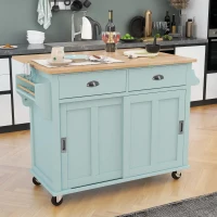 Rolling Kitchen Island with Drop-Leaf Countertop, Sliding Door, Adjustable Shelves, Cabinet and Drawers, 52" L x 30.5" W x 36.5" H, Mint Green(m-1)