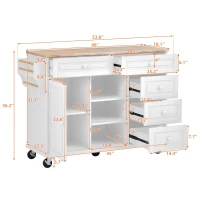 Mobile Kitchen Cart with 5 Drawers, Adjustable Shelves, Lockable Wheels, Rolling Cooking Island with Wooden Top, 53" L x 18" W x 36" H, White(m-3)