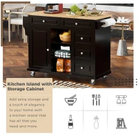 Rolling Kitchen Cart with 5 Drawers, Rubber Wood Top, Adjustable Shelves, Central Island with Lockable Wheels, 53" L x 18" W x 36" H, Black(m-4)