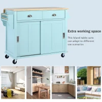 Rolling Kitchen Island with Drop-Leaf Countertop, Sliding Door, Adjustable Shelves, Cabinet and Drawers, 52" L x 30.5" W x 36.5" H, Mint Green(m-4)
