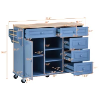 Rolling Kitchen Island Cart with 5 Drawers, Rubber Wood Top, Adjustable Shelves, Utility Island with Lockable Wheels, 53" L x 18" W x 36" H, Blue(m-3)