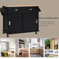 Adjustable Kitchen Cart with 4 Wheels, Sliding Doors, Cabinet and Drawers, Utility Island with Drop-Leaf Tabletop, 52" L x 30.5" W x 36.5" H, Black(m-4)
