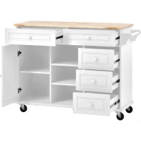 Mobile Kitchen Cart with 5 Drawers, Adjustable Shelves, Lockable Wheels, Rolling Cooking Island with Wooden Top, 53" L x 18" W x 36" H, White(m-14)