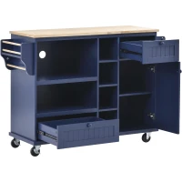 Rolling Mobile Kitchen Island Cart with Storage Cabinet, Solid Wood Desktop, Central Island with Locking Wheels, 51" L x 18" W x 36" H, Dark Blue(m-14)