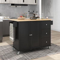 Mobile Kitchen Island with Drop Leaf Breakfast Bar, Wood Top, Racks and Drawers, Central Island with Locking Wheels, 53" L x 29.5" W x 37" H, Black