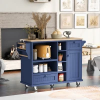 Rolling Mobile Kitchen Island Cart with Storage Cabinet, Solid Wood Desktop, Central Island with Locking Wheels, 51" L x 18" W x 36" H, Dark Blue(m-1)