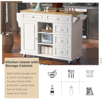 Mobile Kitchen Cart with 5 Drawers, Adjustable Shelves, Lockable Wheels, Rolling Cooking Island with Wooden Top, 53" L x 18" W x 36" H, White(m-4)