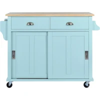 Rolling Kitchen Island with Drop-Leaf Countertop, Sliding Door, Adjustable Shelves, Cabinet and Drawers, 52" L x 30.5" W x 36.5" H, Mint Green(m-2)