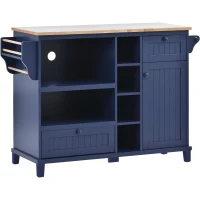 Rolling Mobile Kitchen Island Cart with Storage Cabinet, Solid Wood Desktop, Central Island with Locking Wheels, 51" L x 18" W x 36" H, Dark Blue(m-12)