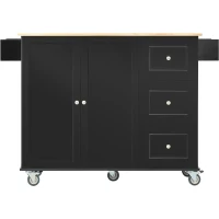 Mobile Kitchen Island with Drop Leaf Breakfast Bar, Wood Top, Racks and Drawers, Central Island with Locking Wheels, 53" L x 29.5" W x 37" H, Black(m-2)