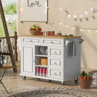 Mobile Kitchen Cart with 5 Drawers, Adjustable Shelves, Lockable Wheels, Rolling Cooking Island with Wooden Top, 53" L x 18" W x 36" H, White(m-1)