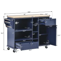 Rolling Mobile Kitchen Island Cart with Storage Cabinet, Solid Wood Desktop, Central Island with Locking Wheels, 51" L x 18" W x 36" H, Dark Blue(m-3)