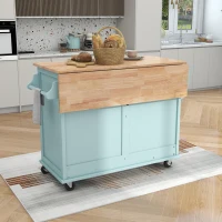 Rolling Kitchen Island with Drop-Leaf Countertop, Sliding Door, Adjustable Shelves, Cabinet and Drawers, 52" L x 30.5" W x 36.5" H, Mint Green(m-9)