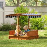 Outsunny Wooden Kids Sandbox with Cover, Children Outdoor Sand Box with Foldable Bench Seats and Adjustable Canopy, Brown(m-2)