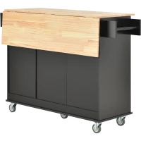 Mobile Kitchen Island with Drop Leaf Breakfast Bar, Wood Top, Racks and Drawers, Central Island with Locking Wheels, 53" L x 29.5" W x 37" H, Black(m-16)