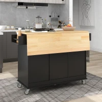 Mobile Kitchen Island with Drop Leaf Breakfast Bar, Wood Top, Racks and Drawers, Central Island with Locking Wheels, 53" L x 29.5" W x 37" H, Black(m-11)