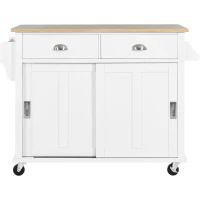 Kitchen Cart with Drop-Leaf Countertop, Sliding Barn Door, Cabinet and Drawers, Kitchen Island with 4 Wheels, 52" L x 30.5" W x 36.5" H, White(m-2)