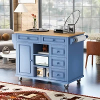 Rolling Kitchen Island Cart with 5 Drawers, Rubber Wood Top, Adjustable Shelves, Utility Island with Lockable Wheels, 53" L x 18" W x 36" H, Blue(m-9)