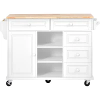 Mobile Kitchen Cart with 5 Drawers, Adjustable Shelves, Lockable Wheels, Rolling Cooking Island with Wooden Top, 53" L x 18" W x 36" H, White(m-2)