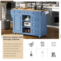 Rolling Kitchen Island Cart with 5 Drawers, Rubber Wood Top, Adjustable Shelves, Utility Island with Lockable Wheels, 53" L x 18" W x 36" H, Blue(m-4)