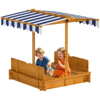 Outsunny Wooden Kids Sandbox with Cover, Children Outdoor Sand Box with Foldable Bench Seats and Adjustable Canopy, Brown(m-11)