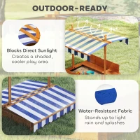 Outsunny Wooden Kids Sandbox with Cover, Children Outdoor Sand Box with Foldable Bench Seats and Adjustable Canopy, Brown(m-5)