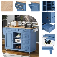 Rolling Kitchen Island Cart with 5 Drawers, Rubber Wood Top, Adjustable Shelves, Utility Island with Lockable Wheels, 53" L x 18" W x 36" H, Blue(m-7)