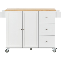 Kitchen Island with Wood Top, Locking Wheels, Racks and Drawers, Central Island with Drop Leaf Breakfast Bar, 53" L x 29.5" W x 37" H, White