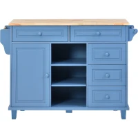 Rolling Kitchen Island Cart with 5 Drawers, Rubber Wood Top, Adjustable Shelves, Utility Island with Lockable Wheels, 53" L x 18" W x 36" H, Blue(m-12)