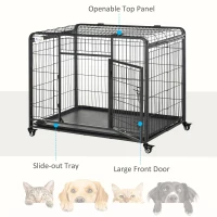PawHut Folding Design Heavy Duty Metal Dog Cage Crate & Kennel with Removable Tray and Cover, & 4 Locking Wheels, Indoor/Outdoor 43"(m-6)