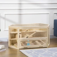 PawHut Wooden Large Hamster Cage Small Animal Exercise Play House 3 Tier with Tray, Seesaws, Water Bottle, Activity Center, Natural(m-2)