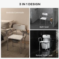 HOMCOM 3-in-1 Shower Chair with Back and Arms, Height Adjustable Bedside Commode, Raised Toilet Seat with Non-Slip Rubber Foot Pad for Seniors, Disabled, White(m-4)