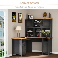 HOMCOM L Shaped Computer Desk with Hutch, 59" Corner Desk, Space Saving Home Office Desk with Storage Shelves, Drawer and Cabinet, Black(m-4)
