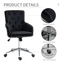 HOMCOM Modern Mid-back Desk Chair with Button Tufted Velvet Back, Nailhead Trim, Swivel Home Office Chair with Adjustable Height, Curved Padded Armrests, Black(m-7)