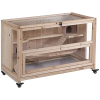 PawHut 3-Tier Wooden Hamster Cage, Small Animals Hutch with Ladders, Natural(m-1)