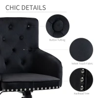 HOMCOM Modern Mid-back Desk Chair with Button Tufted Velvet Back, Nailhead Trim, Swivel Home Office Chair with Adjustable Height, Curved Padded Armrests, Black(m-6)
