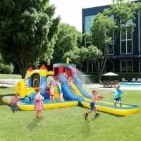 Qaba 6 in 1 Inflatable Water Slide Park with Splash Pools, 2 Slides, Trampoline, Climbing Wall, Cannon, Basketball Hoop(m-10)
