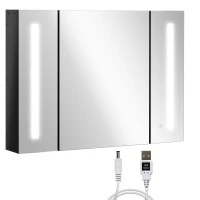kleankin LED Lighted Medicine Cabinet with Mirror, 35.5"W x 25.5"H Wall Mounted Bathroom Cabinet with 3 Cupboards, Memory Function, USB Charge, High Gloss Black(m-13)