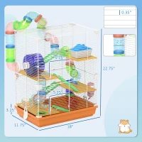 PawHut 5 Tiers Hamster Cage Portable Animal Travel Carrier w/ Exercise Wheels Tube, Orange(m-3)
