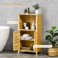 HOMCOM Bamboo Floor Cabinet Bathroom Floor Cabinet Living Room Organizer Tower with Multiple Shelves and Doors, Natural(m-5)