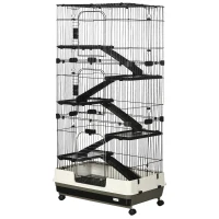 PawHut 32"L 6-Level Small Animal Cage Rabbit Hutch with Universal Lockable Wheels, Slide-out Tray for Bunny, Chinchillas, Ferret, Black(m-11)