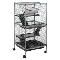 PawHut Metal Small Animal Cage Rolling Big Ferret Cage, Chinchilla Cage, Sugar Glider Cage, with Hammock & 4 Tiers, Removable Tray, Gray(m-1)