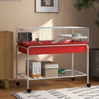 PawHut Two-Story Small Animal Cage Removable from Stand, Pet Habitat with Shelf & Wheels, 39" x 20.5" x 36.5", Red(m-2)