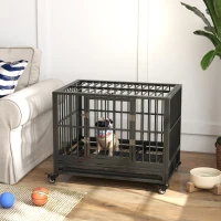 PawHut 36" Heavy Duty Dog Crate Metal Cage Kennel with Lockable Wheels, Double Door and Removable Tray, Gray(m-10)