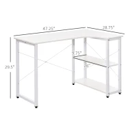 HOMCOM L-Shaped Computer Desk Home Office Corner Desk Study with Wide Desktop, 2 Side Shelves, Steel Frame, White(m-3)