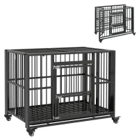 PawHut 43" Heavy Duty Dog Crate, Strong Steel Foldable Large Dog Crate with 4 Lockable Wheels, Double Doors, Openable Top and Removable Trays for Medium and Large Dogs, Black(m-11)