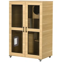 PawHut Luxury Cat House with Wheels,  Kitty Cage Catio Villa for Indoor Cats with Scratching Posts, Condo, Flap Door, Cushion, Oak, 31.5" x 20" x 48.5"(m-11)